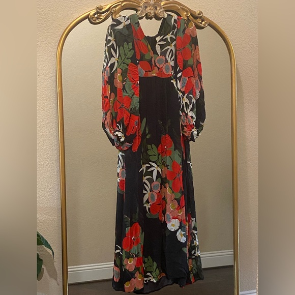 Farm Rio For Anthropologie Long-Sleeve V-Neck Black Floral Maxi Dress Size S - Picture 7 of 13